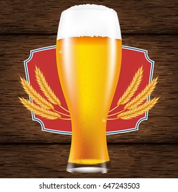Realistic glass of beer with a fluffy foam. A table made of wooden boards. Vector illustration for a poster or advertisement.
