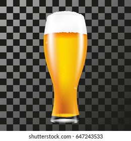 Realistic glass of beer with a fluffy foam. Vector illustration on a transparent background.