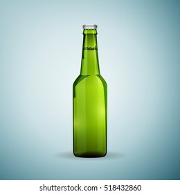 Realistic glass beer green bottle icon isolated on blue background. Vector Illustration