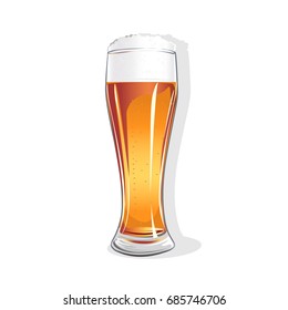 realistic glass with beer. Isolated vector illustration on white background.