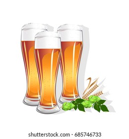 realistic glass with beer. Isolated vector illustration on white background.
