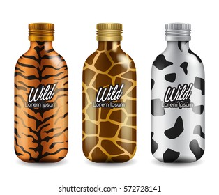 Realistic Glass Bottle with Animal Skin Pattern : Vector Illustration