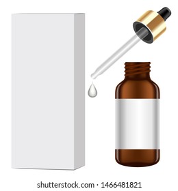 Realistic glass bottle with dropper and box. Cosmetic vials for oil, liquid essential, collagen serum. Mock up vector illustration isolated on white background.