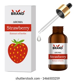 Realistic glass bottle with dropper and box. Strawberry fragrance. Cosmetic vials for oil, liquid essential, collagen serum. Mock up vector illustration isolated on white background.