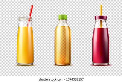 Realistic glass bottle with grape, orange juice and lemonade set. Vector fresh drink containers with straw. Beet vegetable, currant drink package design. Healthy 3d beverage full of vitamins.