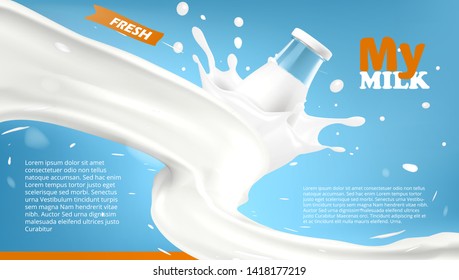 Realistic Glass Bottle In Milk Twisted Splash On Blue Background. EPS10 Vector