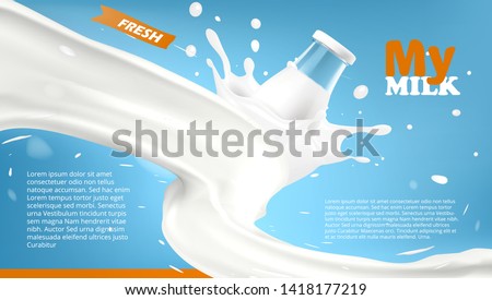 Realistic Glass Bottle In Milk Twisted Splash On Blue Background. EPS10 Vector