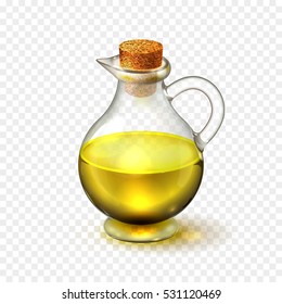 Realistic glass bottle of of olive or sunflower seed oil with a corck isolated on a transparent background. Vector illustration