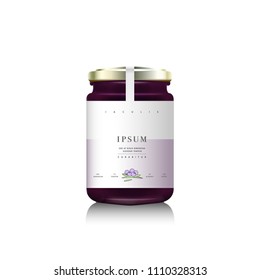 Realistic glass bottle packaging for fruit jam. Berries jam with design label, typography, line berries icon. Mock up