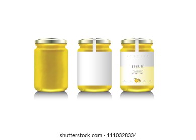 Realistic glass bottle packaging for fruit jam design. Lemon jam with design label, typography, line lemon or citrus icon. Mock up