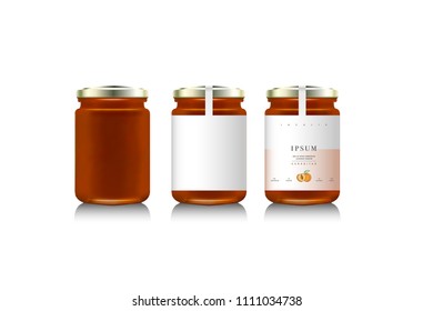 Realistic glass bottle packaging for fruit jam design. Apricot jam with design label, typography, line apricots icon . Mock up container or jar