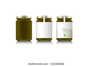 Realistic glass bottle packaging for fruit jam. Green an apple jam with design label, typography, line an apple icon. Mock up