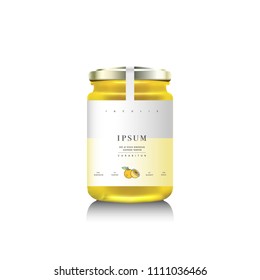 Realistic glass bottle packaging for fruit jam design. Lemon jam with design label, typography, line lemon or citrus icon. Mock up - Shutterstock ID 1111036466