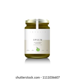 Realistic glass bottle packaging for fruit jam. Green an apple jam with design label, typography, line an apple icon. Mock up