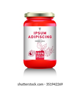 Realistic glass bottle packaging for fruit jam design. Raspberry  jam with design label, typography, line drawing raspberries illustration. .