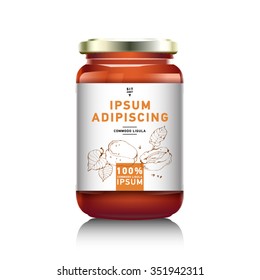 Realistic glass bottle packaging for fruit jam design. Apricot jam with design label, typography, line drawing apricots illustration. Mock up