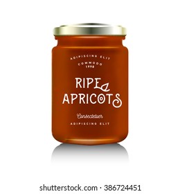 Realistic glass bottle packaging for fruit jam design. Apricot jam with design label, typography, line drawing apricots i. Mock up container or jar