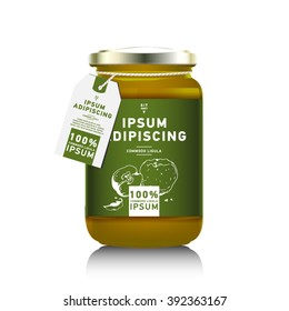 Realistic glass bottle packaging for fruit jam design. Green apple  jam with design label, typography, line drawing an apple illustration. Mock up