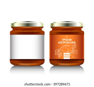 Realistic glass bottle packaging for fruit jam design. Apricot jam with design label, typography, line drawing apricots i. Mock up container or jar