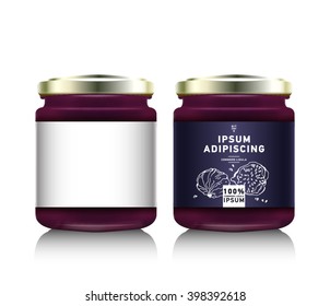 Realistic glass bottle packaging for fruit jam design. Fig jam with design label, typography, line drawing figs illustration. Mock up