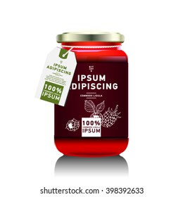 Realistic glass bottle packaging for fruit jam design. Raspberry  jam with design label, typography, line drawing raspberries illustration. 