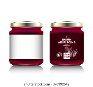 Realistic glass bottle packaging for fruit jam design. Raspberry  jam with design label, typography, line drawing raspberries illustration. 