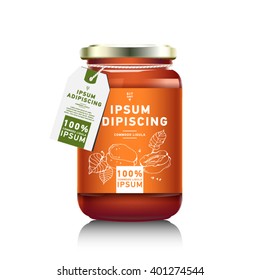 Realistic glass bottle packaging for fruit jam design. Apricot jam with design label, typography, line drawing apricots i. Mock up container or jar