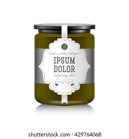 Realistic Glass Bottle Packaging For Fruit Jam Design. Green Apple Jam With Design Label, Typography, Line Drawing An Apple Illustration. Mock Up