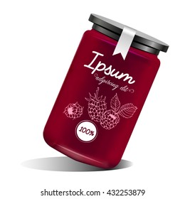 Realistic glass bottle packaging for fruit jam design. Raspberry jam with design label, typography, line drawing raspberries illustration.