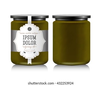 Realistic glass bottle packaging for fruit jam design. Green apple jam with design label, typography, line drawing an apple illustration. Mock up