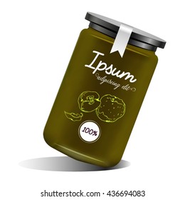 Realistic glass bottle packaging for fruit jam design. Green apple jam with design label, typography, line drawing an apple illustration. Mock up