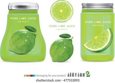 Realistic glass bottle packaging for fruit jam design. Lemon jam with design label, typography, Mock up.
