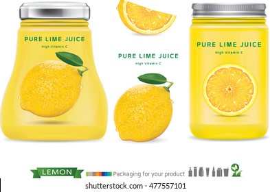 Realistic glass bottle packaging for fruit jam design. Lemon jam with design label, typography, Mock up.