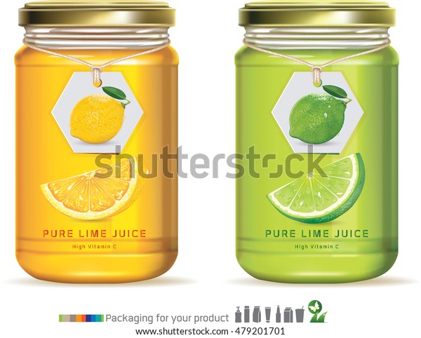 フルーツジャムデザイン用のリアルなガラス瓶の梱包 デザインラベルとレモンジャム タイポグラフィ モックアップ のベクター画像素材 ロイヤリティフリー