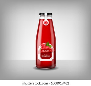 Realistic glass bottle of raspberry juice, drink isolated.