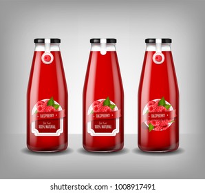 Realistic glass bottle of raspberry juice, drink isolated.