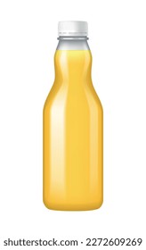Realistic glass bottle of yellow fruit juice vector illustration