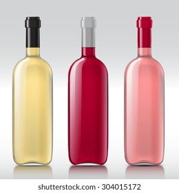 Realistic with glass bottles of different wines. Closed empty bottle and ready for your design template. Vector illustration