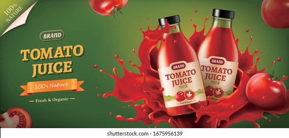Realistic glass bottles in powerful splashes of tomato juice with tomatoes aside, for banner ad template use, 3D illustration