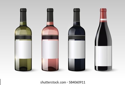 Realistic glass bottles set with white red and rose wines on gray background isolated vector illustration