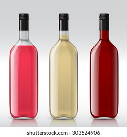 Realistic of glass bottles for wine. These transparent bottles perfectly suited to your design. Vector set of templates bottles