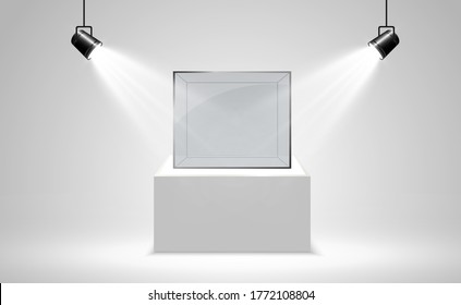 Realistic glass box or container on a white stand .Vector illustration.