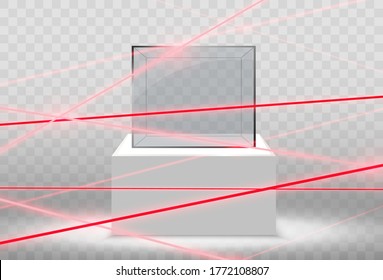 Realistic glass box or container on a white stand .Vector illustration.