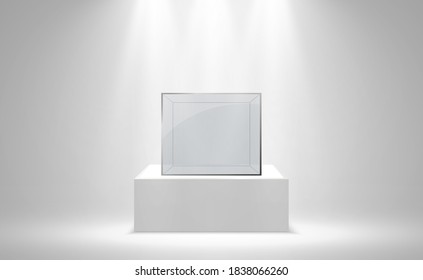 Realistic glass box or container on a white stand .Vector illustration.