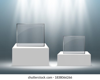 Realistic glass box or container on a white stand .Vector illustration.