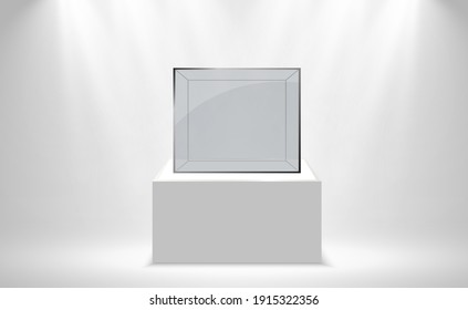 Realistic glass box or container on a white stand .Vector illustration.