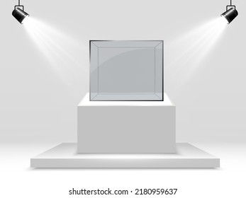 Caja o contenedor de vidrio realista sobre un soporte blanco