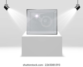 Caja de vidrio o contenedor realistas en un soporte blanco .Ilustración vectorial.	
