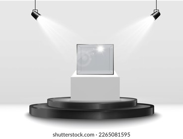 Realistic glass box or container on a white stand .Vector illustration.	
