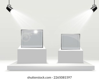 Realistic glass box or container on a white stand .Vector illustration.	
